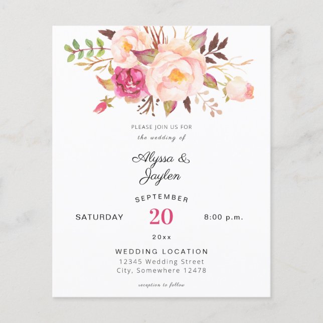 Budget Pink Blush Blooming Floral Wedding Flyer (Front)