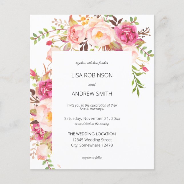 Budget Pink Blush Floral White V2 Wedding Flyer (Front)