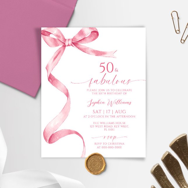 Budget Pink Bow 50 & Fabulous Birthday Invitation (Creator Uploaded)