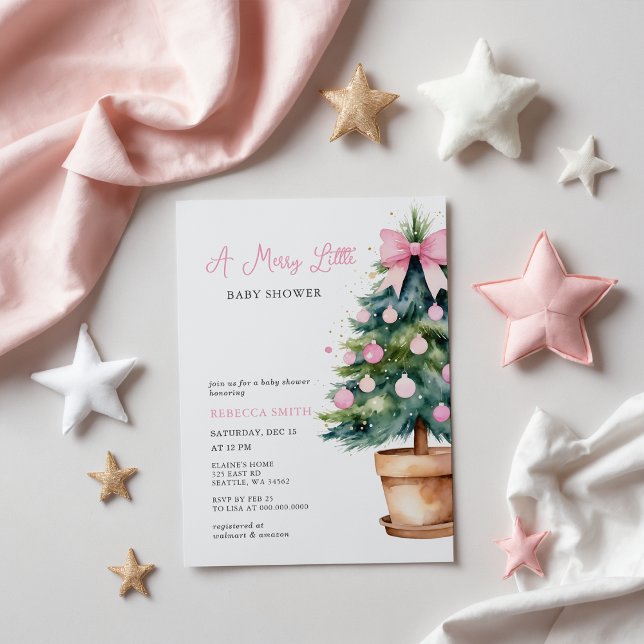 Budget Pink Bow Christmas Merry Little Baby Shower (Budget Pink Bow Christmas Merry Little Baby Shower Invitation)