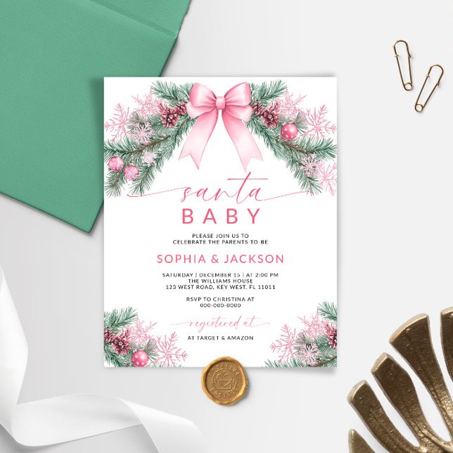 Budget Pink Bow Christmas Santa Baby Shower Invite (Creator Uploaded)