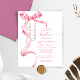 Budget Pink Bow & Rosary Baptism Invitation