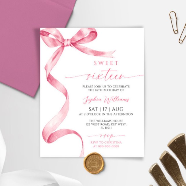 Budget Pink Bow Sweet 16 Birthday Invitation (Creator Uploaded)