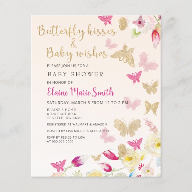 Budget Pink Butterflies Baby Shower Invitation (Front)