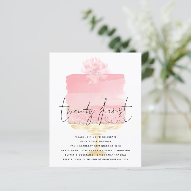 Budget Pink Cake Script 21st Birthday Invitation  (Standing Front)