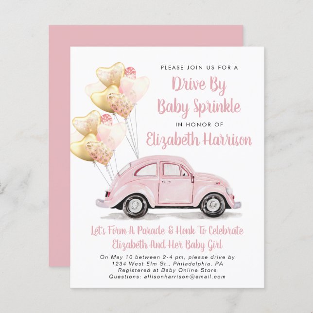 Budget Pink Car Drive By Baby Sprinkle Invitation (Front/Back)