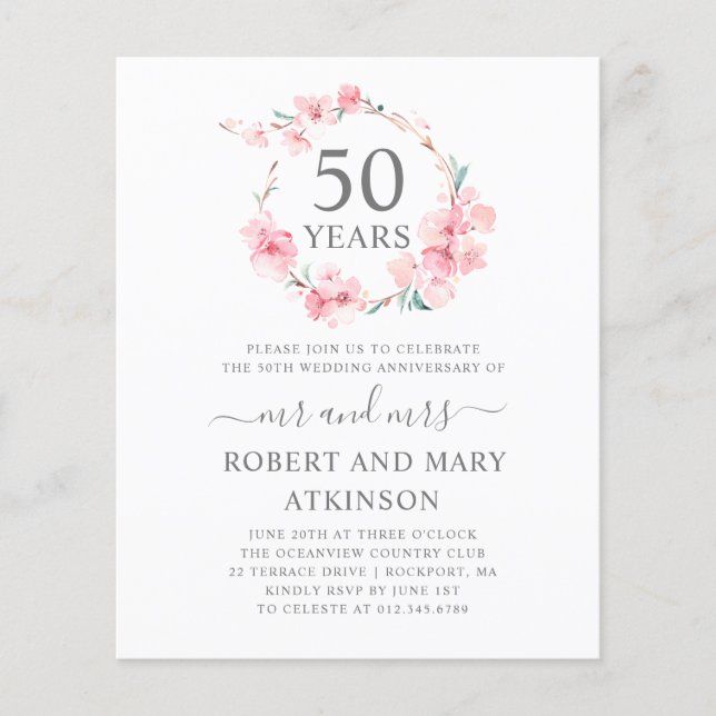 Budget Pink Cherry Blossom 50th Anniversary Invite (Front)