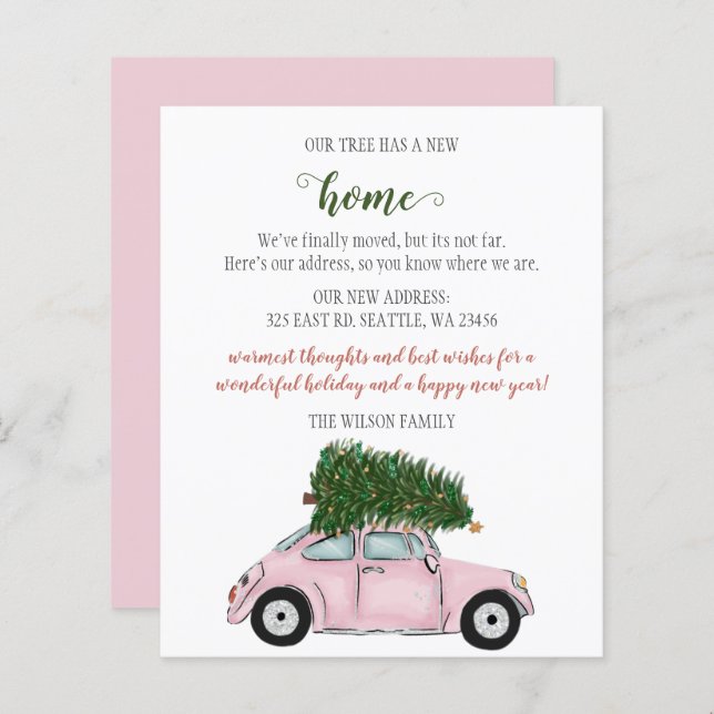 Budget Pink Christmas Tree Car Moving Holiday Card (Front/Back)