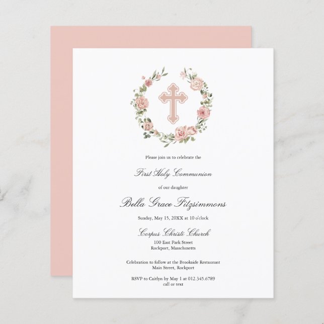 Budget Pink Cross Wreath First Communion Invite (Front/Back)