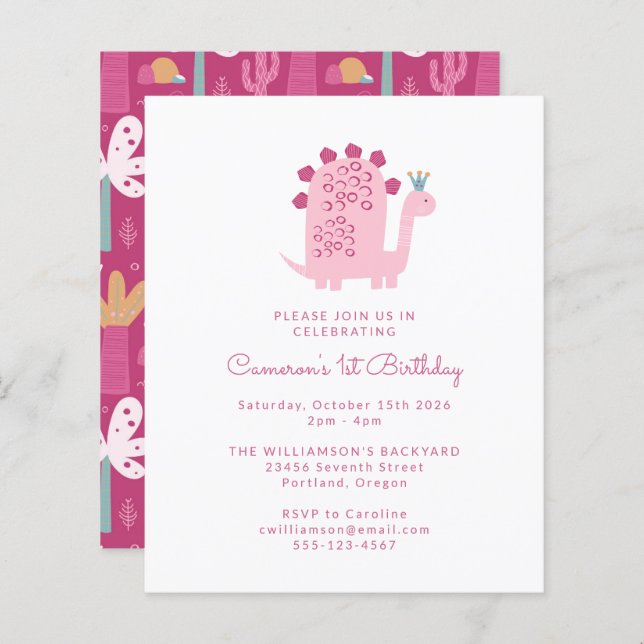 Budget Pink Dinosaur 1st Birthday Invitation (Front/Back)