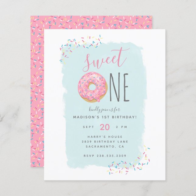 Budget Pink Doughnut Sprinkle Sweet 1st Birthday (Front/Back)
