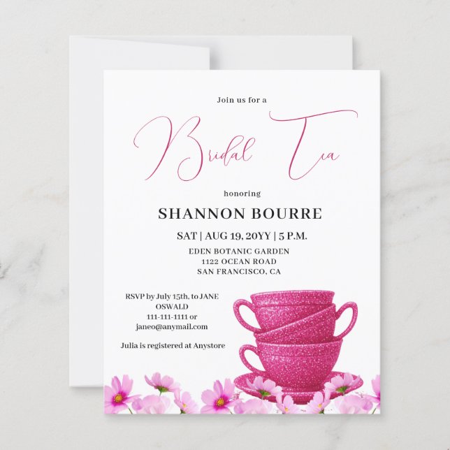 Budget Pink Elegant Bridal Tea Invitation (Front)
