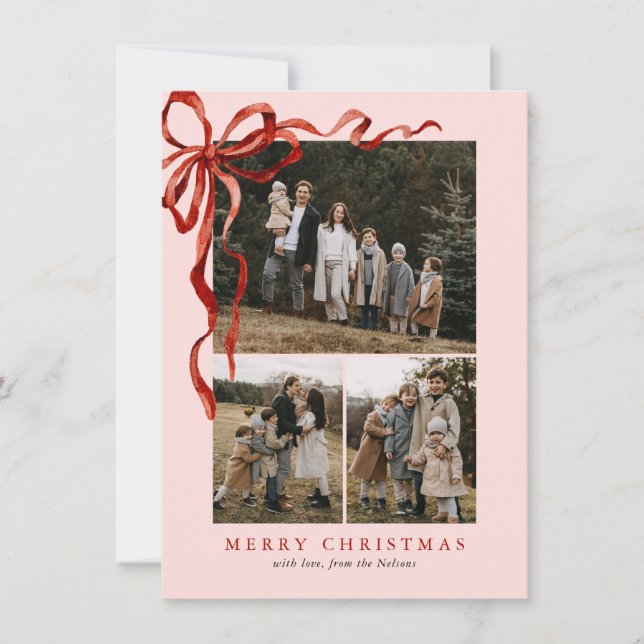Budget Pink Elegant Red Bow Christmas Four Photo Holiday Card (Front)