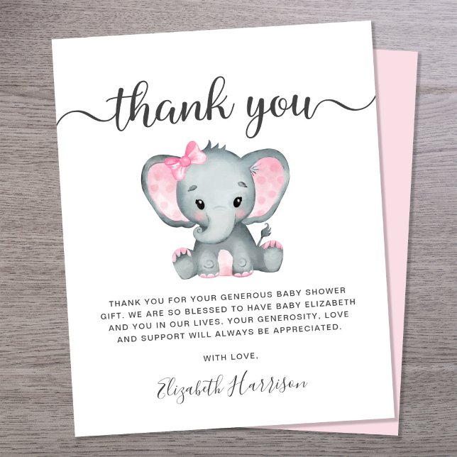 Budget Pink Elephant Baby Shower Thank You Card (Creator Uploaded)