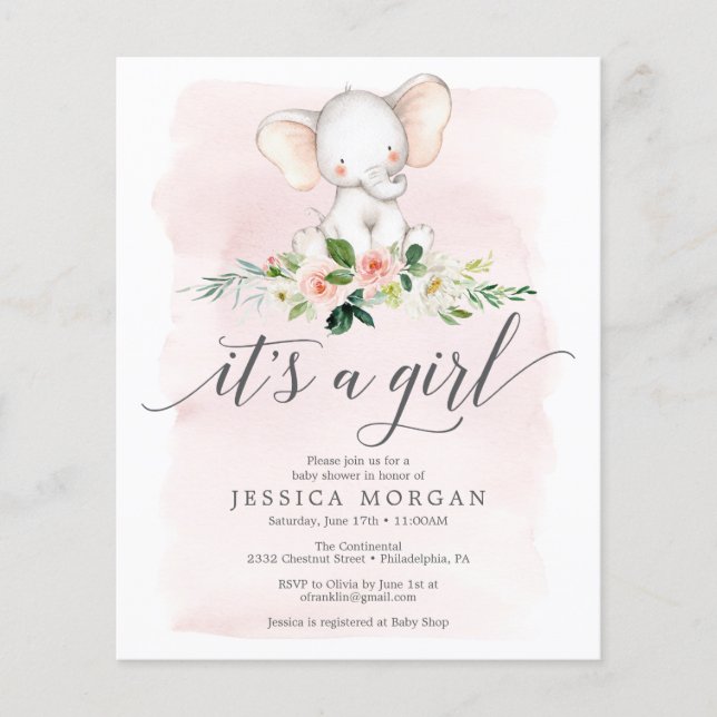 Budget Pink Elephant Girl Baby Shower Invitation Flyer (Front)