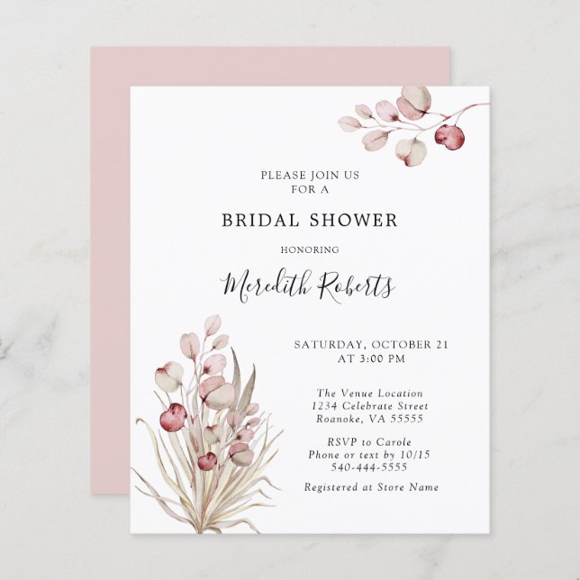 Budget Pink Eucalyptus Palm Bridal Shower Invite (Front/Back)