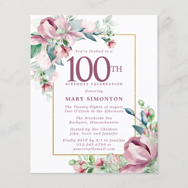 Budget Pink Floral 100th Birthday Invitation (Front)