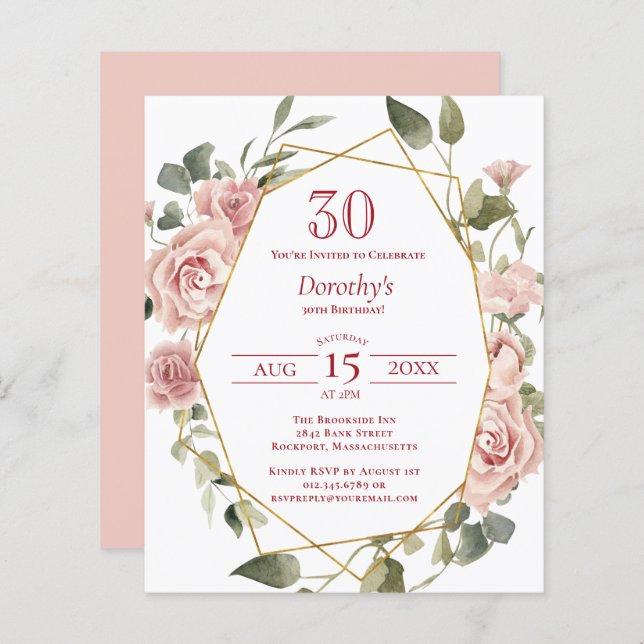 Budget Pink Floral 30th Birthday Invitation (Front/Back)