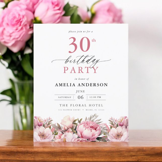 Budget Pink Floral 30th Birthday Invitation (Creator Uploaded)