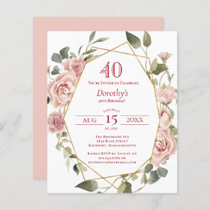 Budget Pink Floral 40th Birthday Invitation