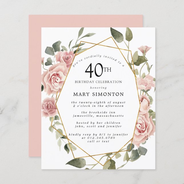 Budget Pink Floral 40th Birthday Invitation (Front/Back)