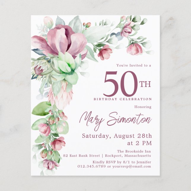 Budget Pink Floral 50th Birthday Invitation (Front)
