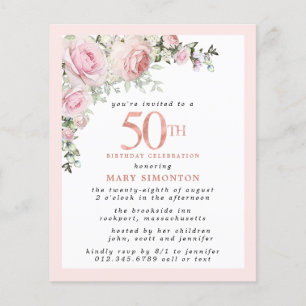 Budget Pink Floral 50th Birthday Invitation