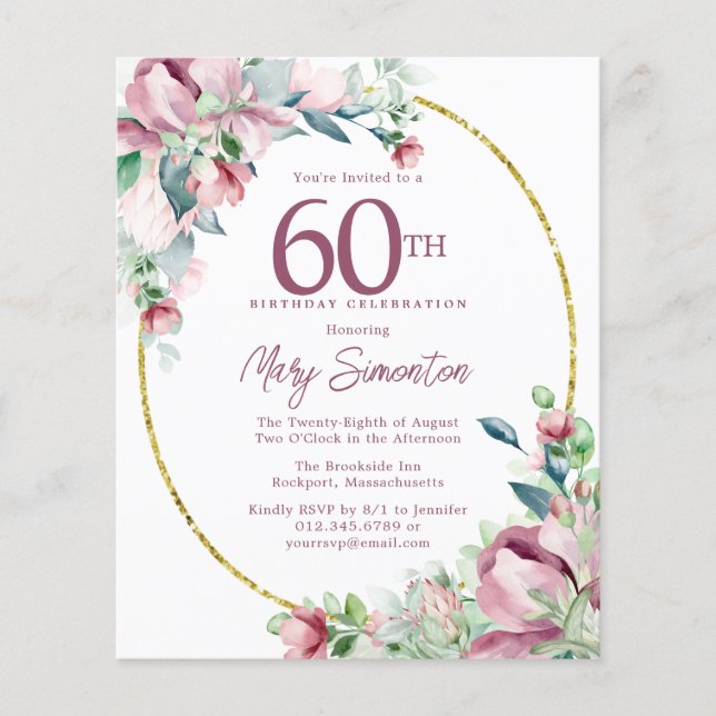 Budget Pink Floral 60th Birthday Invitation (Front)