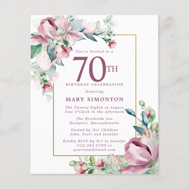 Budget Pink Floral 70th Birthday Invitation (Front)