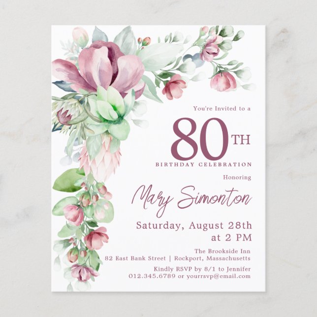Budget Pink Floral 80th Birthday Invitation (Front)