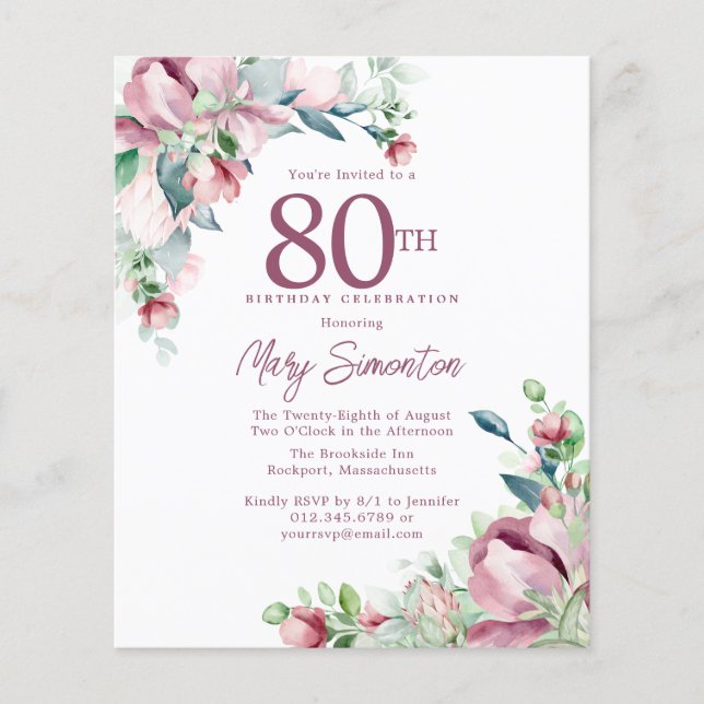 Budget Pink Floral 80th Birthday Invitation (Front)