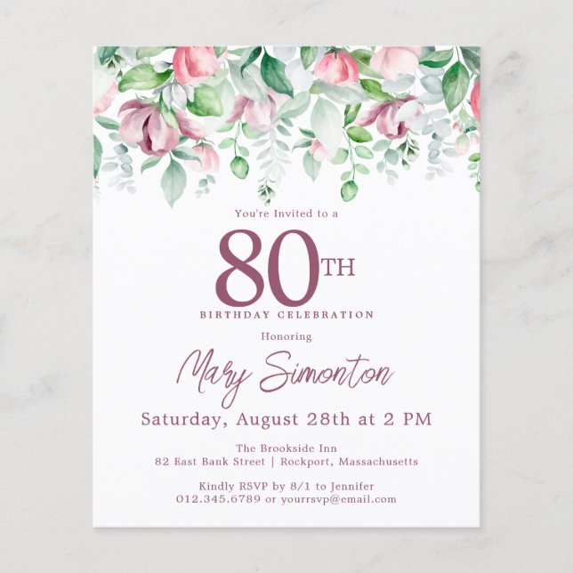 Budget Pink Floral 80th Birthday Invitation (Front)
