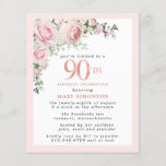 Budget Pink Floral 90th Birthday Invitation<br><div class="desc">Soft blush pink frame with an elegant pink rose floral arrangement in the upper left corner. 90th is written in a beautiful rose gold texture. Pretty and feminine design.</div>