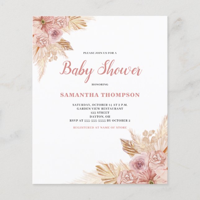 Budget Pink Floral Boho Baby Shower Invitation Flyer (Front)