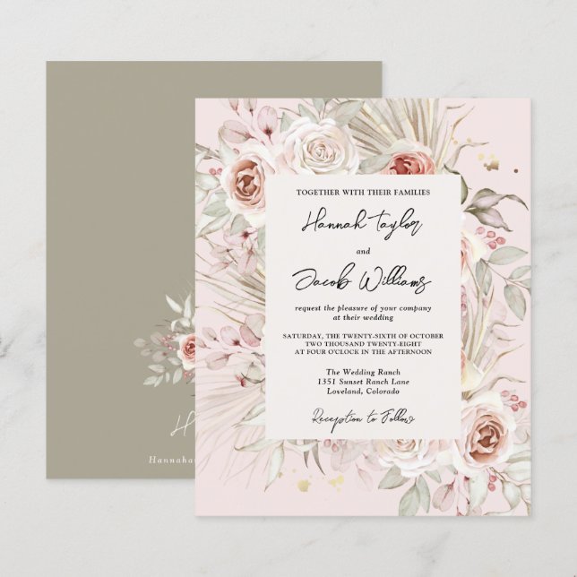 Budget PInk Floral Boho Rustic Wedding Invitation (Front/Back)
