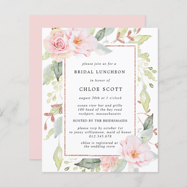 Budget Pink Floral Bridal Luncheon Invitation (Front/Back)