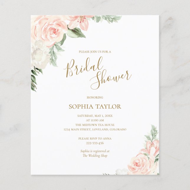 Budget Pink Floral Budget Bridal Shower Invitation (Front)