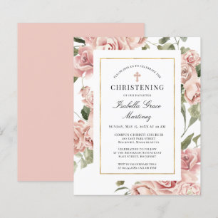 Budget Pink Floral Cross Christening Invitation