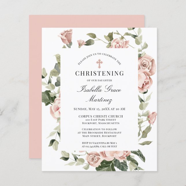 Budget Pink Floral Cross Christening Invitation (Front/Back)