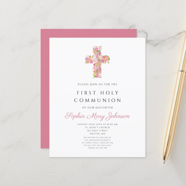 Budget Pink Floral Cross Religious First Communion (Front/Back In Situ)