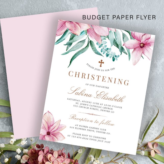Budget pink floral elegant christening invitation flyer (Creator Uploaded)