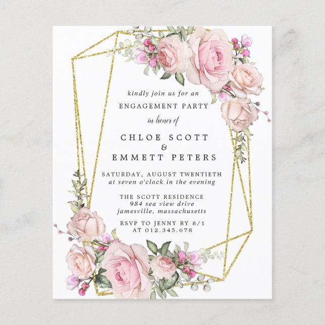 Budget Pink Floral Engagement Party Invitation (Front)