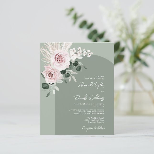 Budget Pink Floral Eucalyptus Sage Wedding Invite (Standing Front)