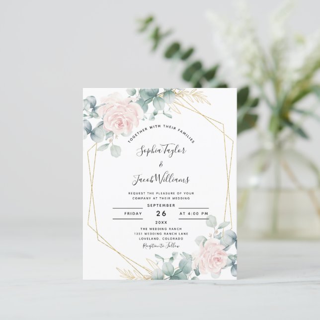 Budget Pink Floral Eucalyptus Wedding Invitation (Standing Front)