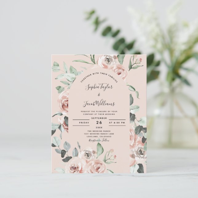 Budget Pink Floral Eucalyptus Wedding  Invitation (Standing Front)