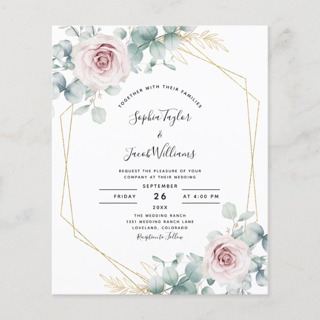 Budget Pink Floral Eucalyptus Wedding Invitation (Front)