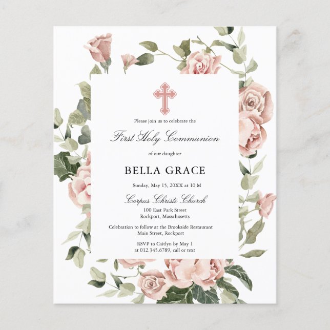 Budget Pink Floral First Holy Communion Invitation (Front)