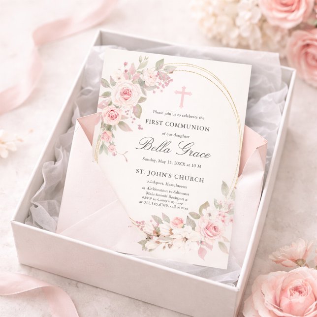 Budget Pink Floral First Holy Communion Invitation (Creator Uploaded)