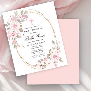 Budget Pink Floral First Holy Communion Invitation