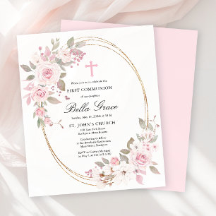 Budget Pink Floral First Holy Communion Invitation